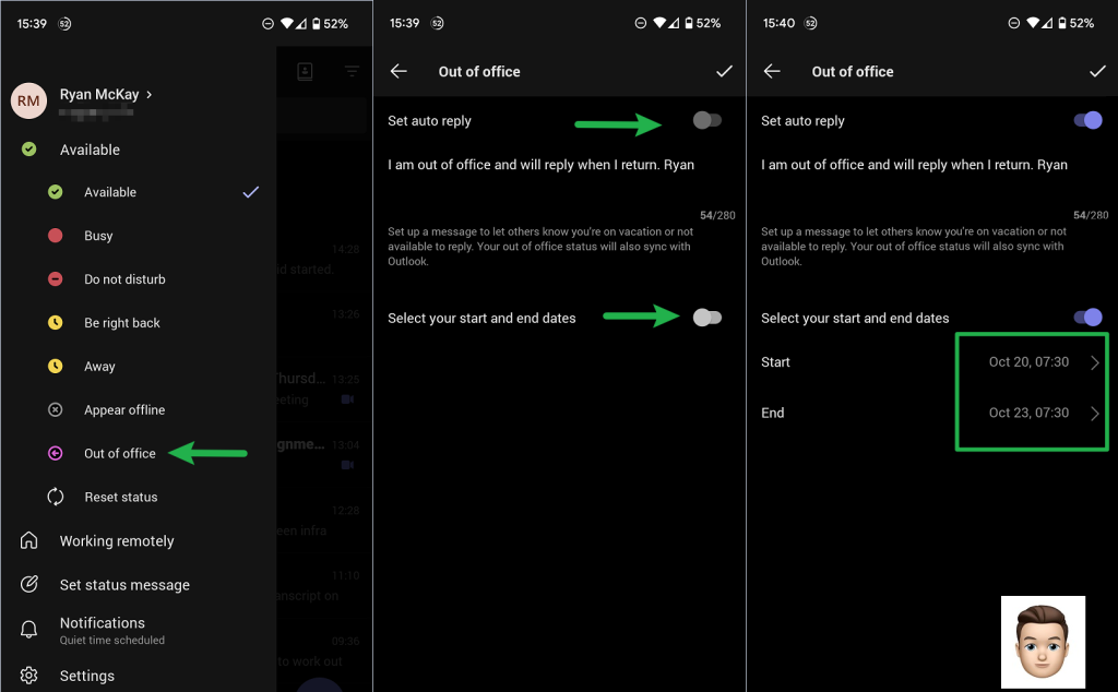 Screenshots of Teams Mobile Out-of-Office configuration