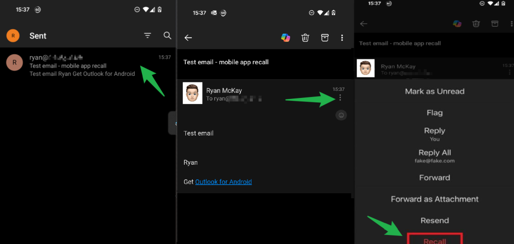 Screenshots of Outlook App Recall steps