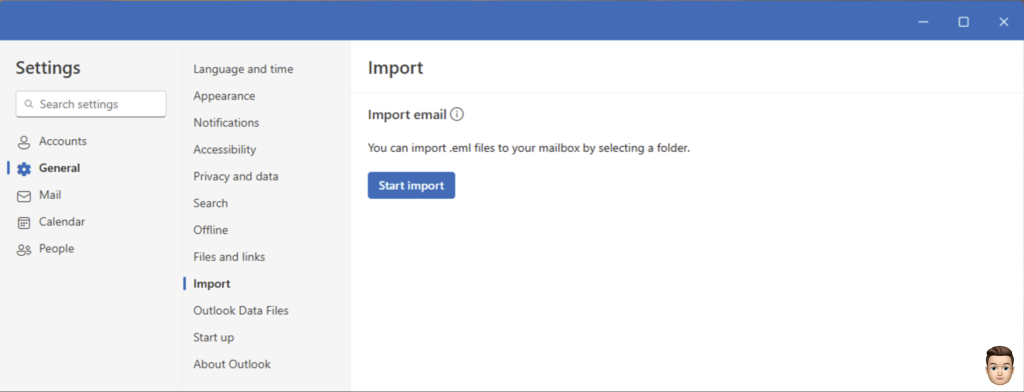 Screenshots of Outlook for Windows .eml import