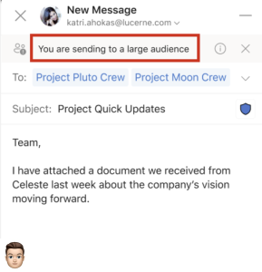 Screen shot of new large audience warning message in the Outlook app