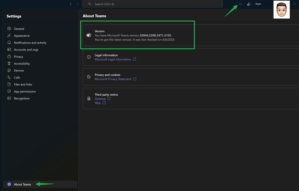 Microsoft Teams about page screenshot